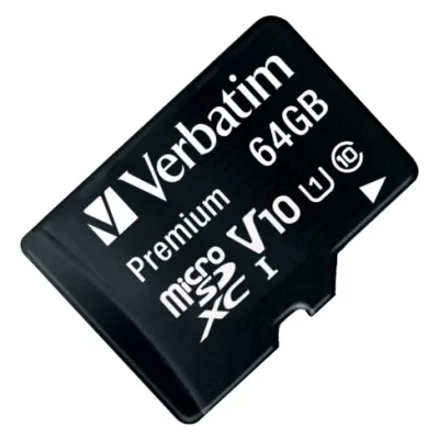 "Imagen de una tarjeta Micro SD Verbatim de 64GB, modelo 4408419470, clase 10 XC, diseñada para almacenar y transferir datos de alta velocidad. Ideal para dispositivos móviles y cámaras."